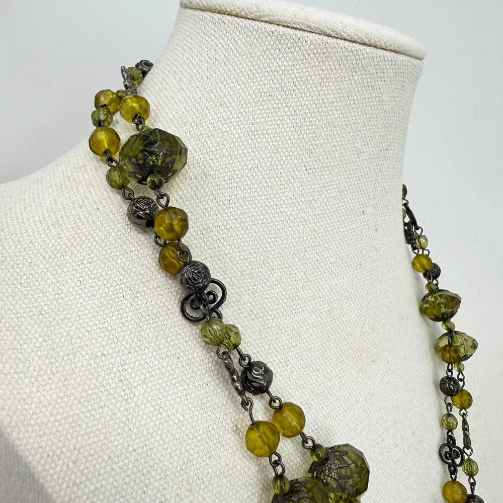 Faceted‎ Bead Necklace Green Olive Tone Metal Accents Neutral